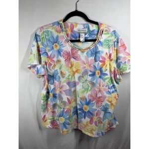 Alfred Dunner Petite PXL Top Floral Butterfly Studded Neck Short Sleeve Stretch